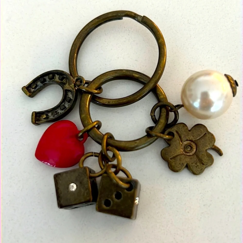NWOT NINE WEST Brass tone keychain with 6 good luck charms​ pearl heart clover